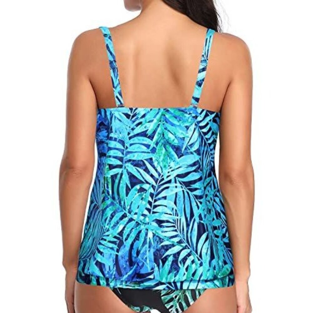 Younique Soft Padded Scoop Neck Tankini Swim Top Blue Palm Leaf Sz XXL - Picture 2 of 11